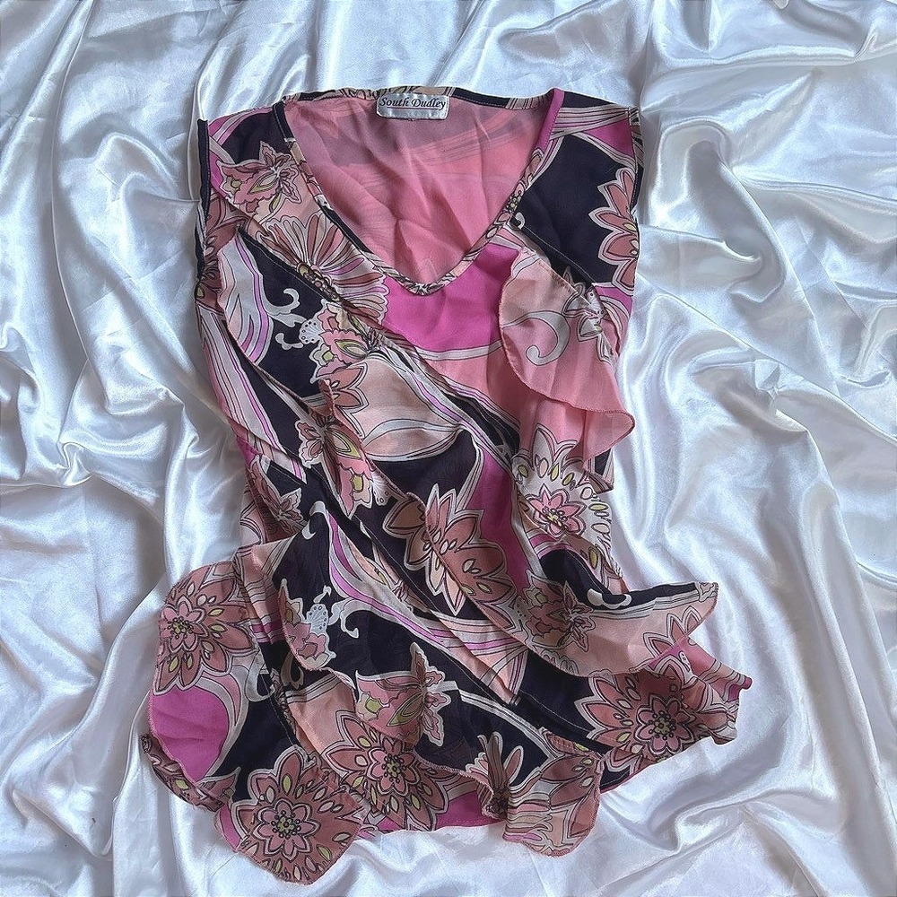 y2k South Dudley Ruffle Blouse Pink Black Floral Psychedelic Tiered